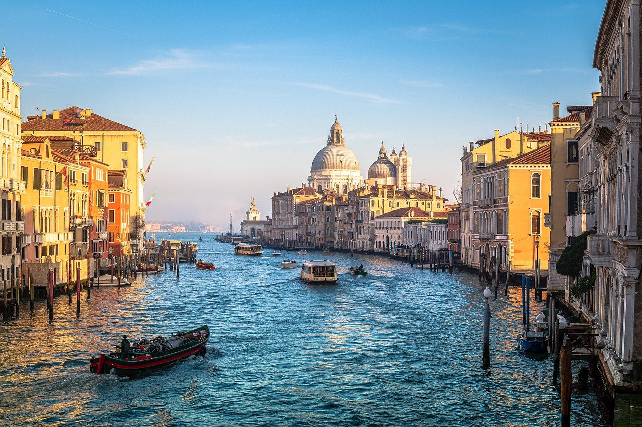 italian venezia, tourism, winter, wooden bridge, boat on the river, festival, sunset, nature, tour boat, sea, ships