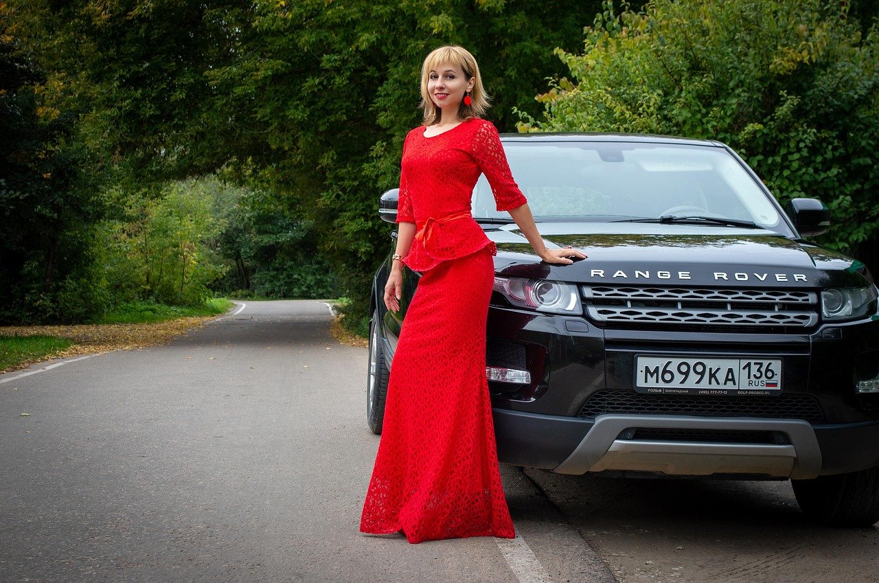 woman, fashion, glamor, model, pose, female, girl, outdoors, in full growth, evening dress, red dress, land rover, car, suv, girl with car, range rover, street, car wallpapers, road, nature, autumn
